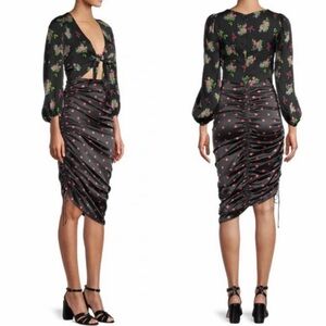 For Love & Lemons Wilson Dark Floral Romantic Satin Ruched Vneck Midi Dress XS